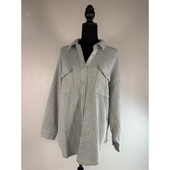 aerie Tops - Aerie Lumberjane Waffle Knit Button Down Shirt grey Oversized Long Sleeve Top M